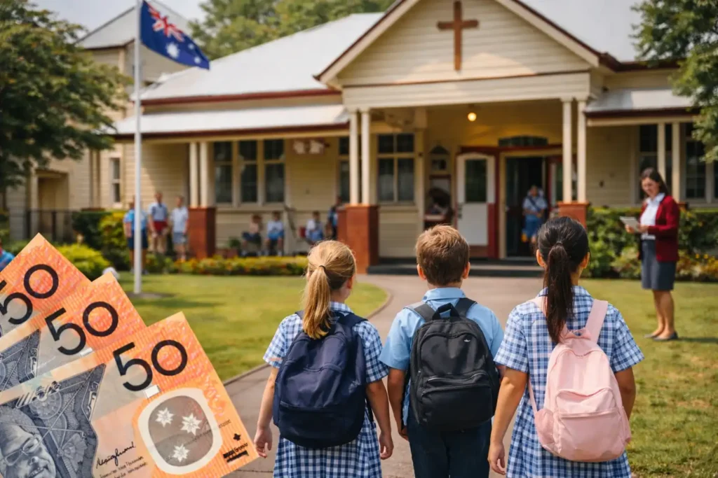 دانشآموزان در حال ورود به یک مدرسه کاتولیک در استرالیا