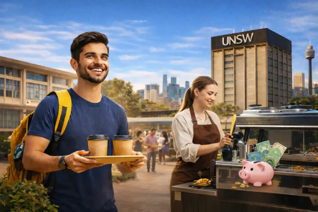 دانشجوی در حال کار پاره‌وقت در فضای باز پردیس UNSW سیدنی در کنار کافه دانشگاه، نماد کار دانشجویی همزمان با تحصیل.