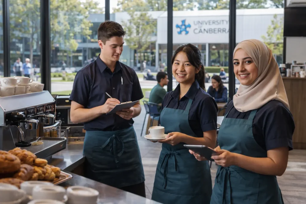 کار دانشجویی در کافه دانشگاه کانبرا توسط دانشجویان بین‌المللی در پردیس UC