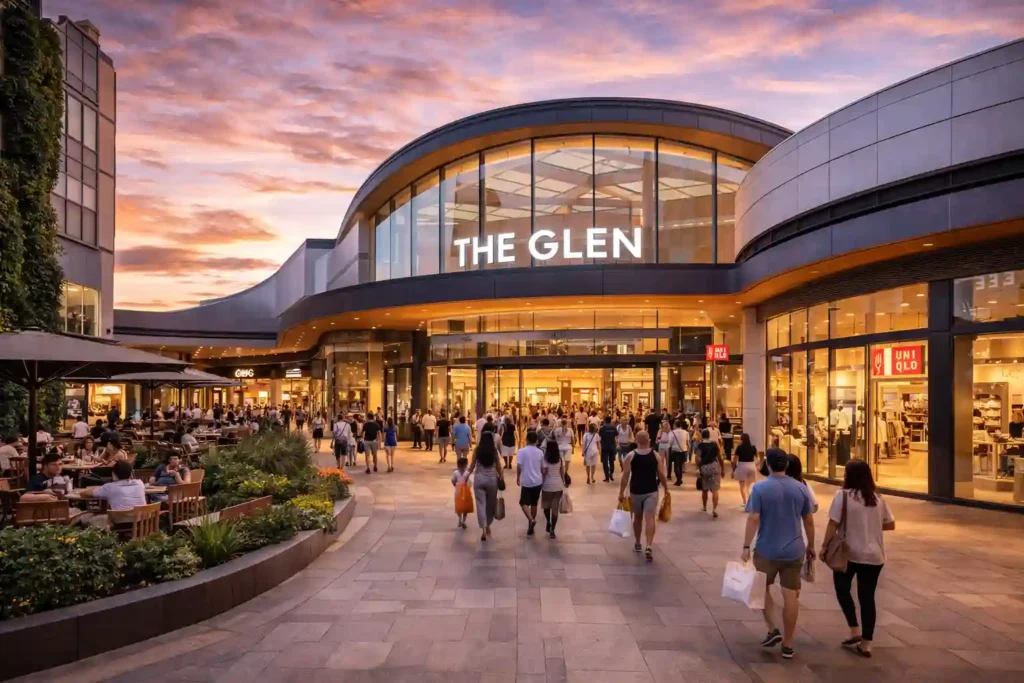 نمای بیرونی The Glen Shopping Centre در Glen Waverley با ورودی شیشه‌ای مدرن در نور غروب