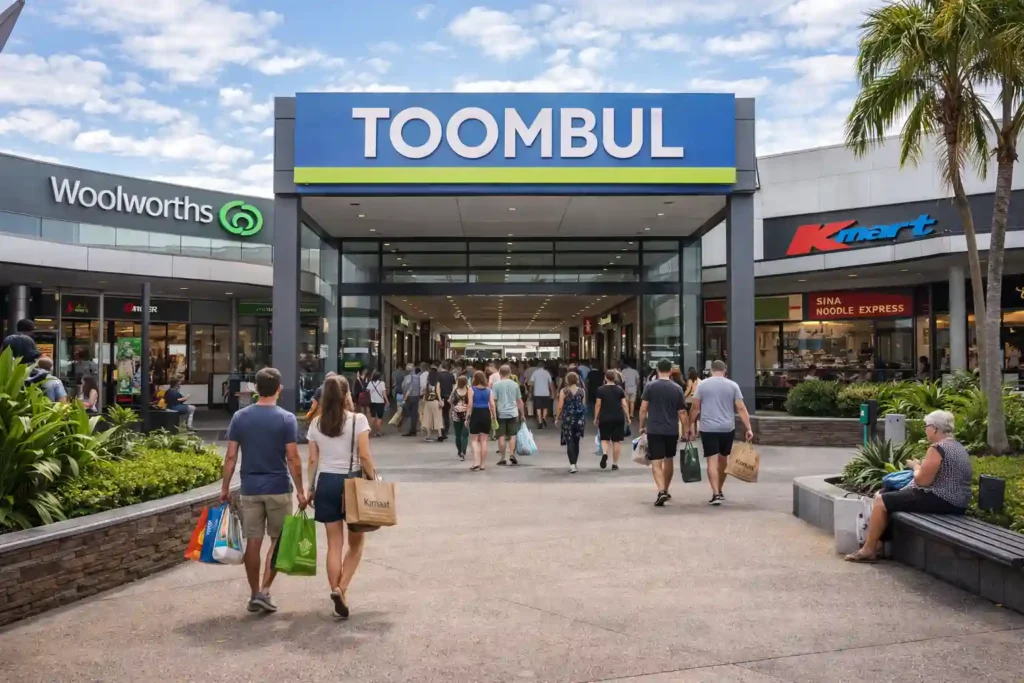 نمای بیرونی مرکز خرید تومبول در روشنایی روز با پارکینگ روباز و ورودی اصلی ساختمان. Toombul Shopping Centre