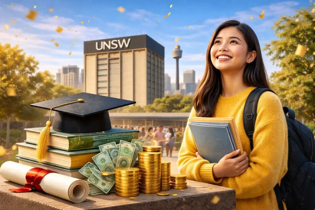 دانشجوی در محوطه دانشگاه UNSW در کنار نمادهای تحصیلی مانند کلاه فارغ‌التحصیلی، کتاب و پول، نمایانگر بورسیه‌های دانشگاهی.