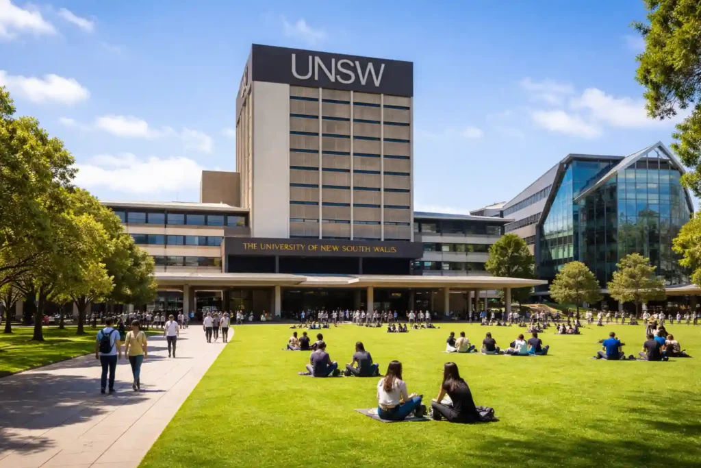 دانشگاه نیو ساوت ولز University of New South Wales در سیدنی با نمای اصلی پردیس و فضای سبز دانشجویی