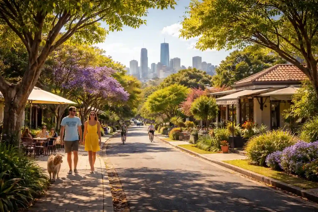 سابرب سرسبز ملبورن در تابستان با خیابان درختکاری شده و نمای skyline شهر