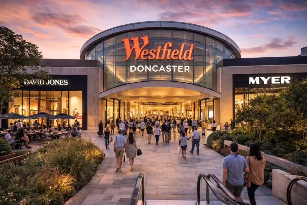 نمای بیرونی Westfield Doncaster در ملبورن با ورودی شیشه‌ای بزرگ و لوگوی Westfield در نور غروب