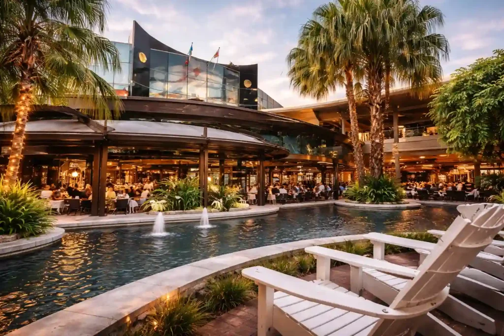 نمای بیرونی وستفیلد گاردن سیتی در ماونت گریوات بریزبن با نور غروب، معماری مدرن و حضور خریداران.