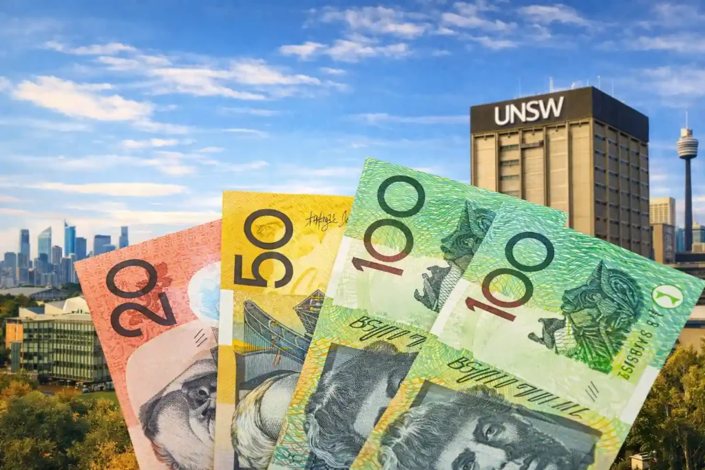 اسکناس‌های دلار استرالیا در پیش‌زمینه و محوطه دانشگاه UNSW و خط افق سیدنی در پس‌زمینه قرار گرفته‌اند که نشان‌دهنده هزینه‌های تحصیل و زندگی هستند.