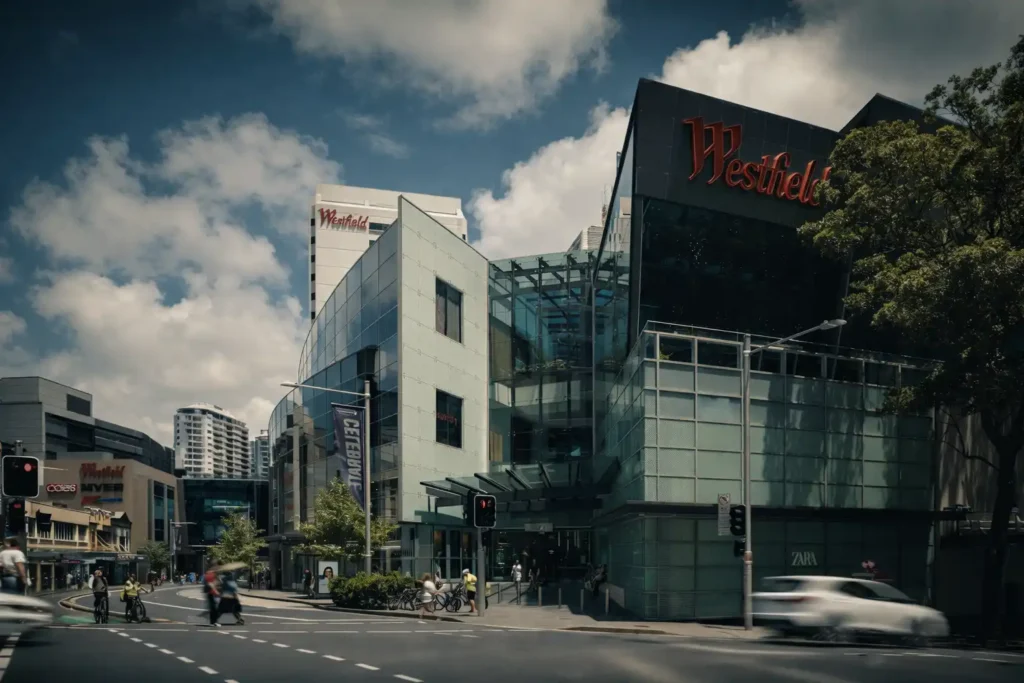 نمای بیرونی مرکز خرید Westfield Bondi Junction با ساختمان مدرن شیشه‌ای، لوگوی قرمز Westfield، تقاطع خیابان و حضور عابران و خودروها.