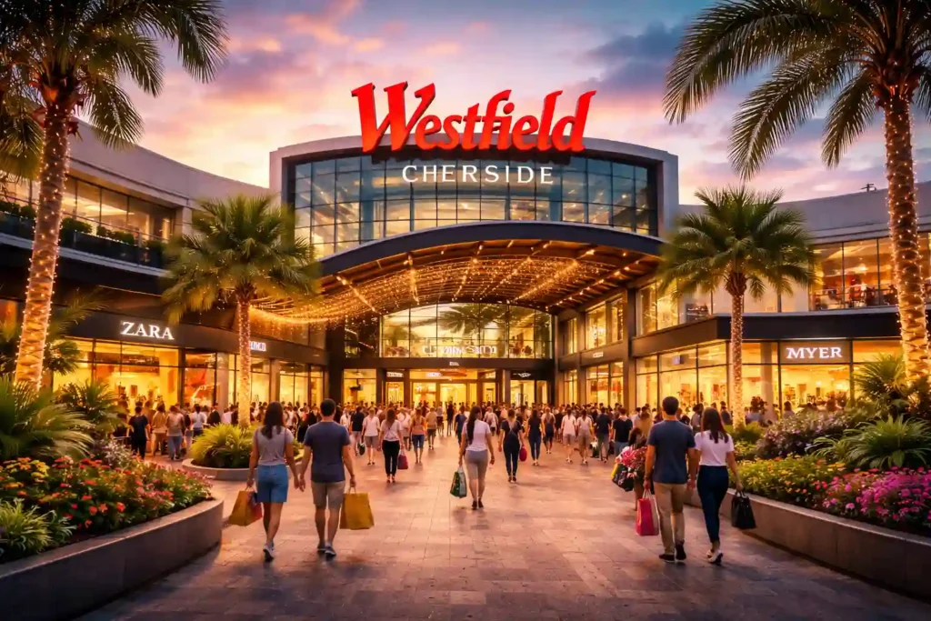 نمای ورودی مرکز خرید وستفیلد چرم‌ساید بریزبن در هنگام غروب با نورپردازی گرم، درختان نخل و جمعیت خریداران.